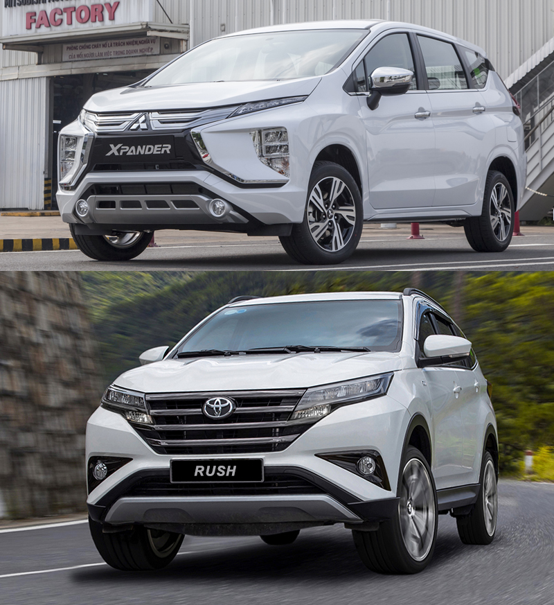 so sánh xe Toyota Rush 2022 màu trắng và Xpander màu trắng